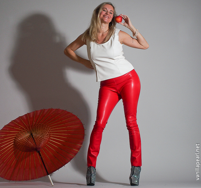 Christina, Vanilla Pearl, red leather pants, apple and white leather top