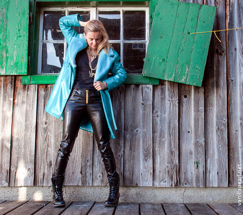 Christina - VanillaPearl wearing Arcanum fake fur coat turquoise and black fake leather pants