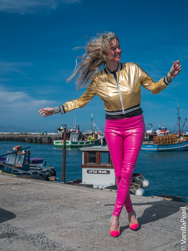 Christina Striewski with leather pants from Arcanum in Capetown
